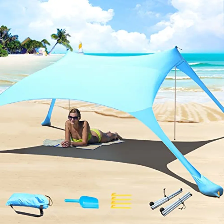 

77 Feet Beach Tent Sun Shelter UPF50+ UV Protection, Outdoor Canopy Tent Sun Shade with 2 Poles for Camping, Fishing, Backyard
