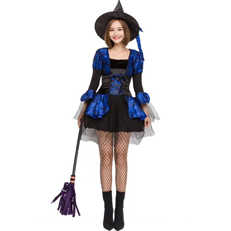 Fantasia-Disfraz de bruja con estampado azul y negro para mujer, traje de juego para fiesta de carnaval, Halloween, Purim