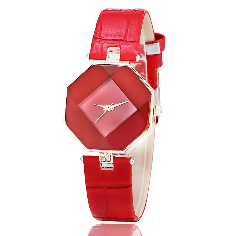 Women Watches Gem Cut Geometry Crystal Leather Quartz Wristwatch Fashion Dress Ladies Gifts Clock Relogio Feminino