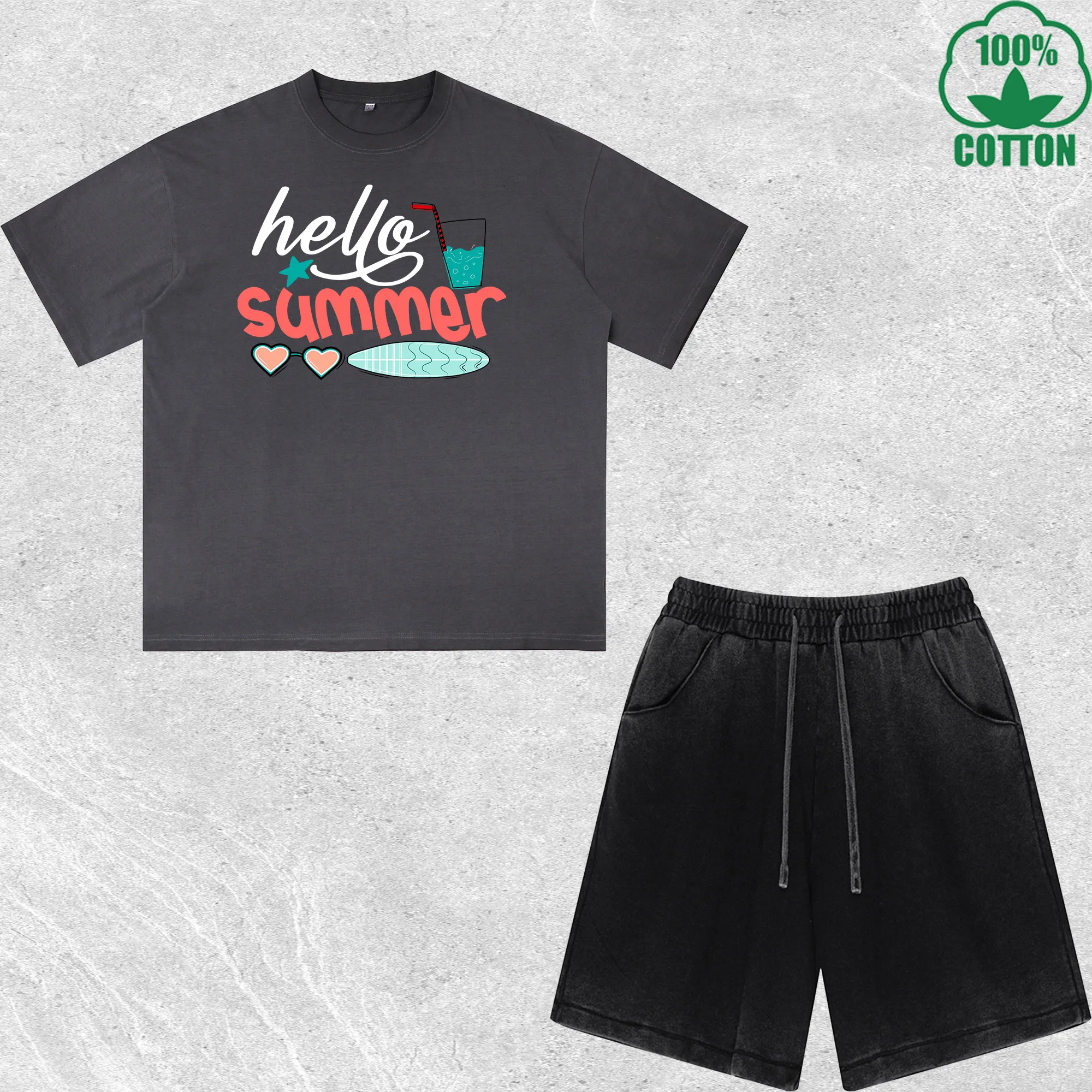 

Hello Summer Printed Dirty Wash T-Shirt Shorts Set Combo Loose Trendy Fashionable 100%Cotton Black Suit