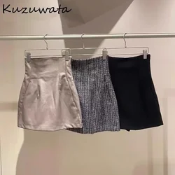 Kuzuwata 21 Autumn Winter New Design Fashion Women Short Jupes Japan Style Faldas Solid Casual High Waist Slim Mini Skirts