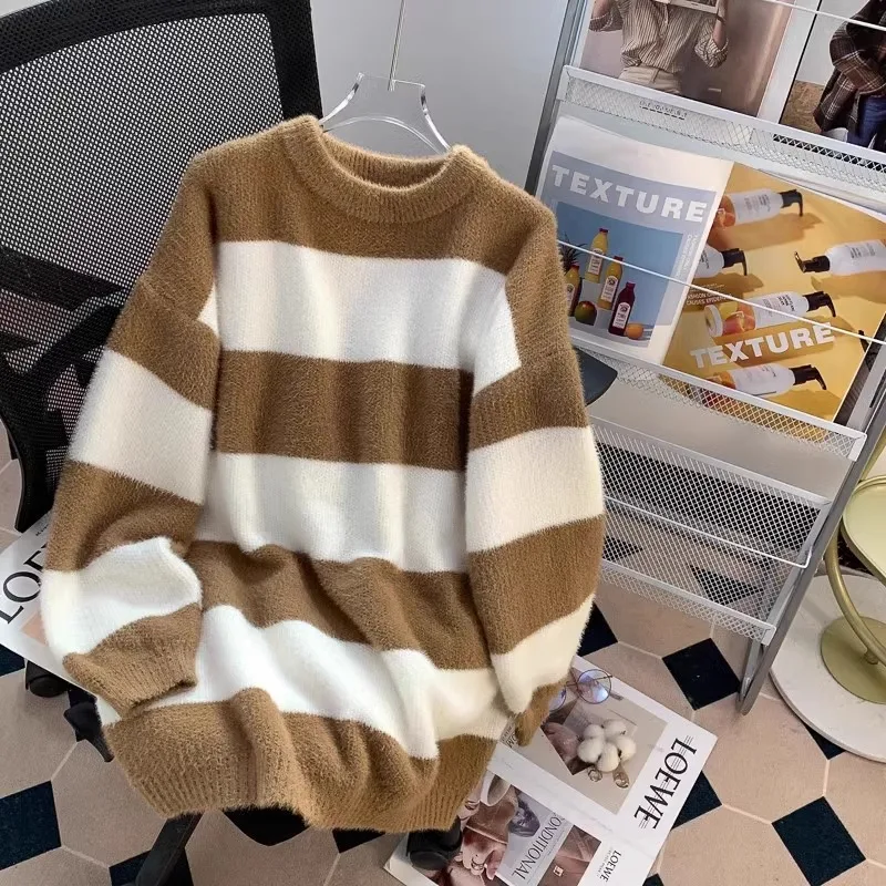 Maglione a righe in finta pelliccia di visone da donna girocollo ampio pullover a maniche lunghe versione coreana maglioni casual di media lunghezza
