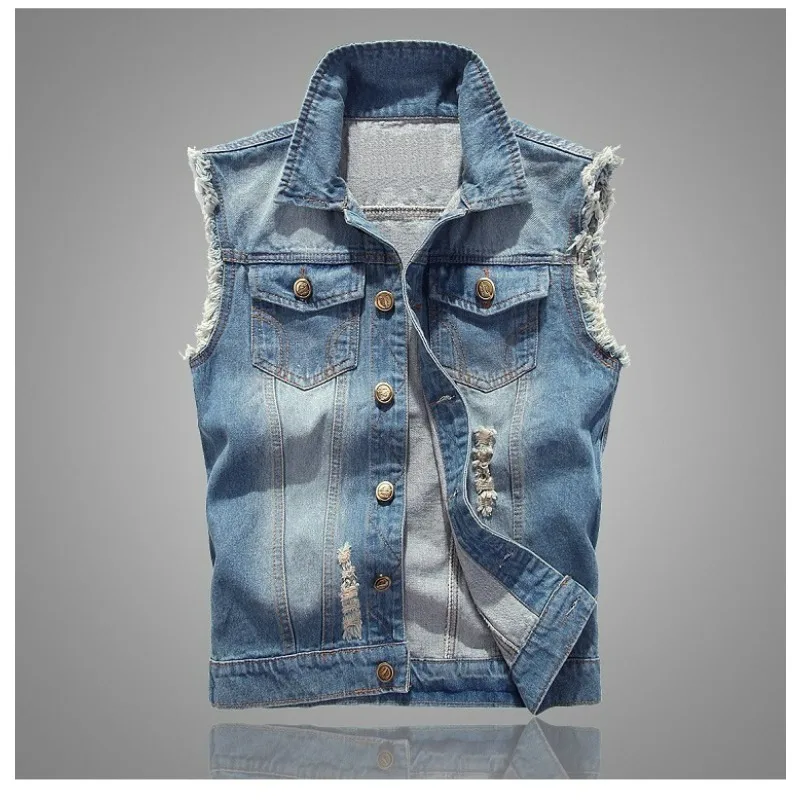 

Men Denim Vest New Thin Gradient Color Turn Down Collar Male Waistcoat Single-breasted Pocket Sleeveless Versatile Man Coat