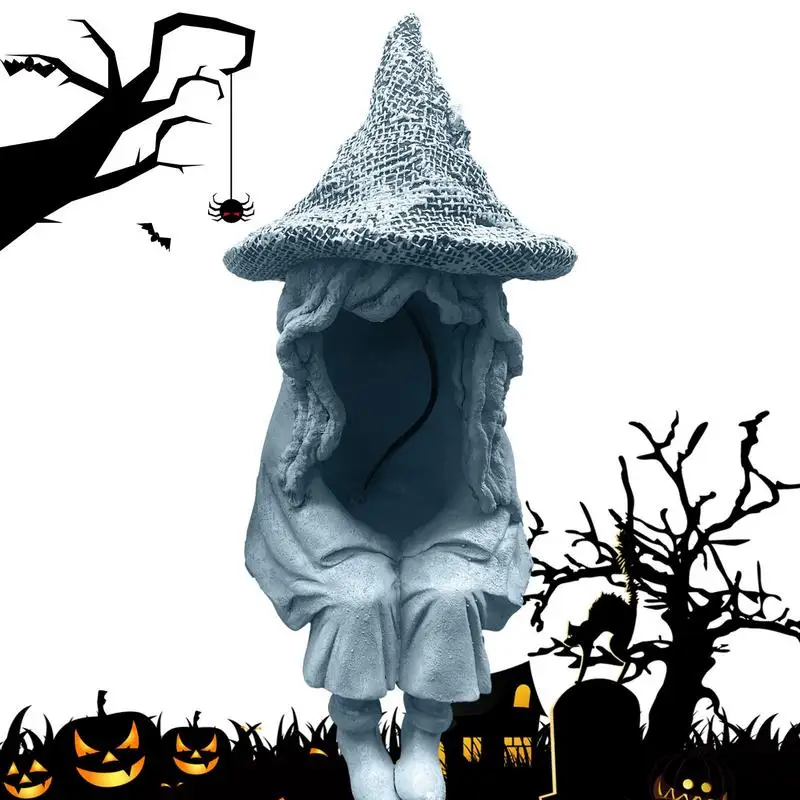 Outdoor Witch Statue Spooky Ghost Sitting Sculpture Solar Energy Lamp Realistic Decoration Supplies For Gardens Stairs Parties