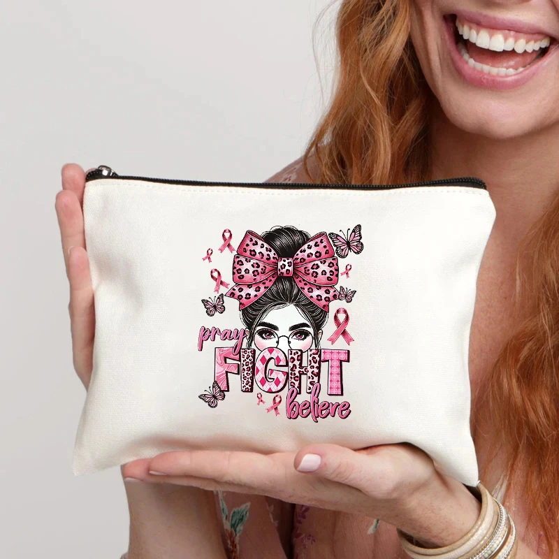 

Fight Breast Cancer Bow Canvas Cosmetic Bag Organizer Zipper Storage Pouch Pencil Case Wallet New Perfume Lipstick Makeup Bags