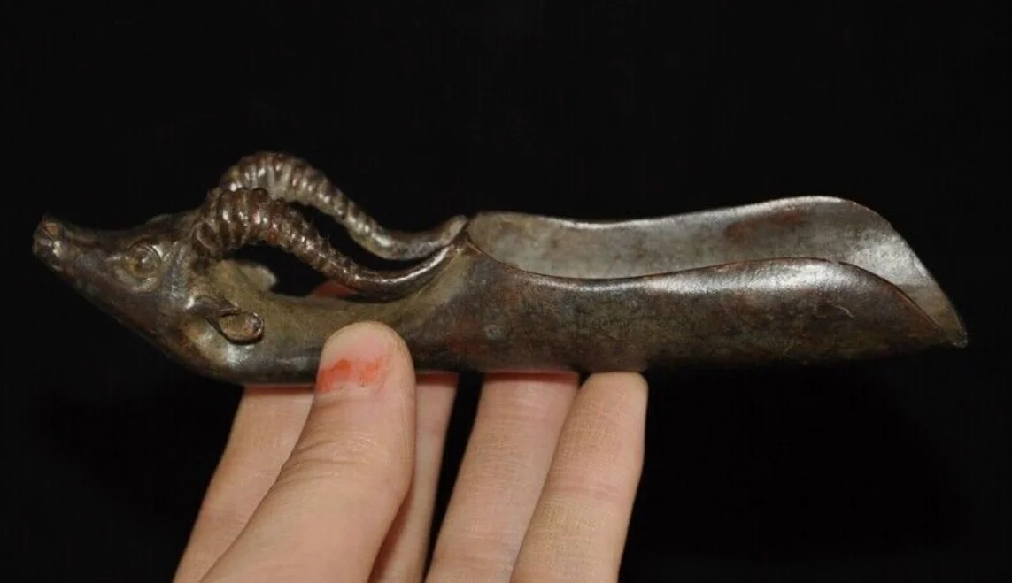 5'' China bronze Chinese Zodiac animal sheep goat head medicine spoon statue