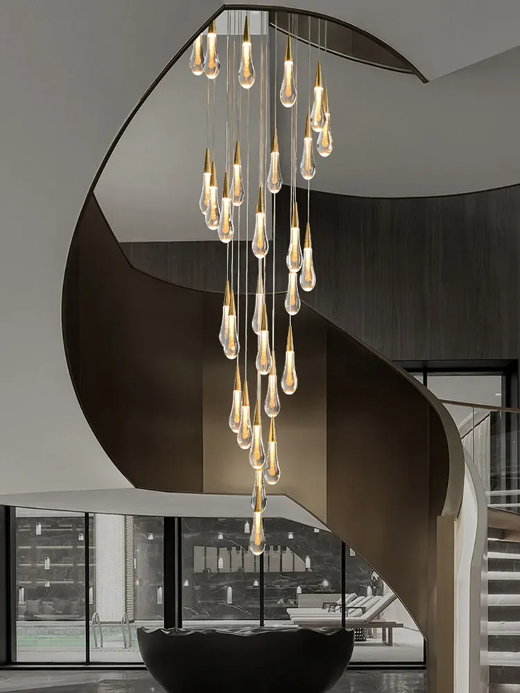 

Modern LED Crystal Chandelier Duplex Loft Spiral Staircase Chandelier Interior Lighting Creative Water Drop Gold Hanging Light