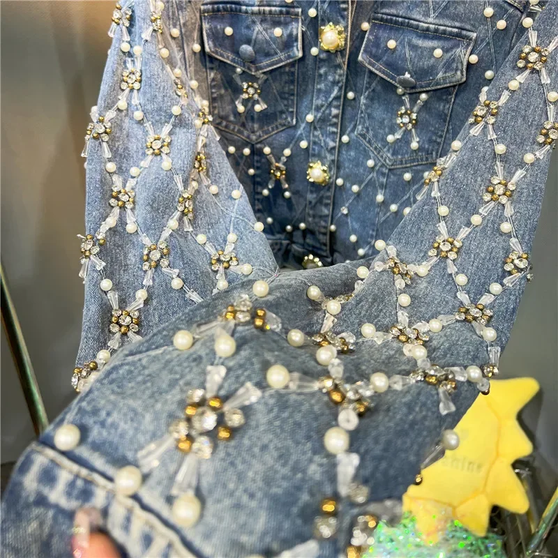 Blue Slim Short Denim Jacket Women Heavy Work Pearl Beaded Diamond Stand-up Collar Single-breasted Long Sleeve Jeans Jacket - Image 6