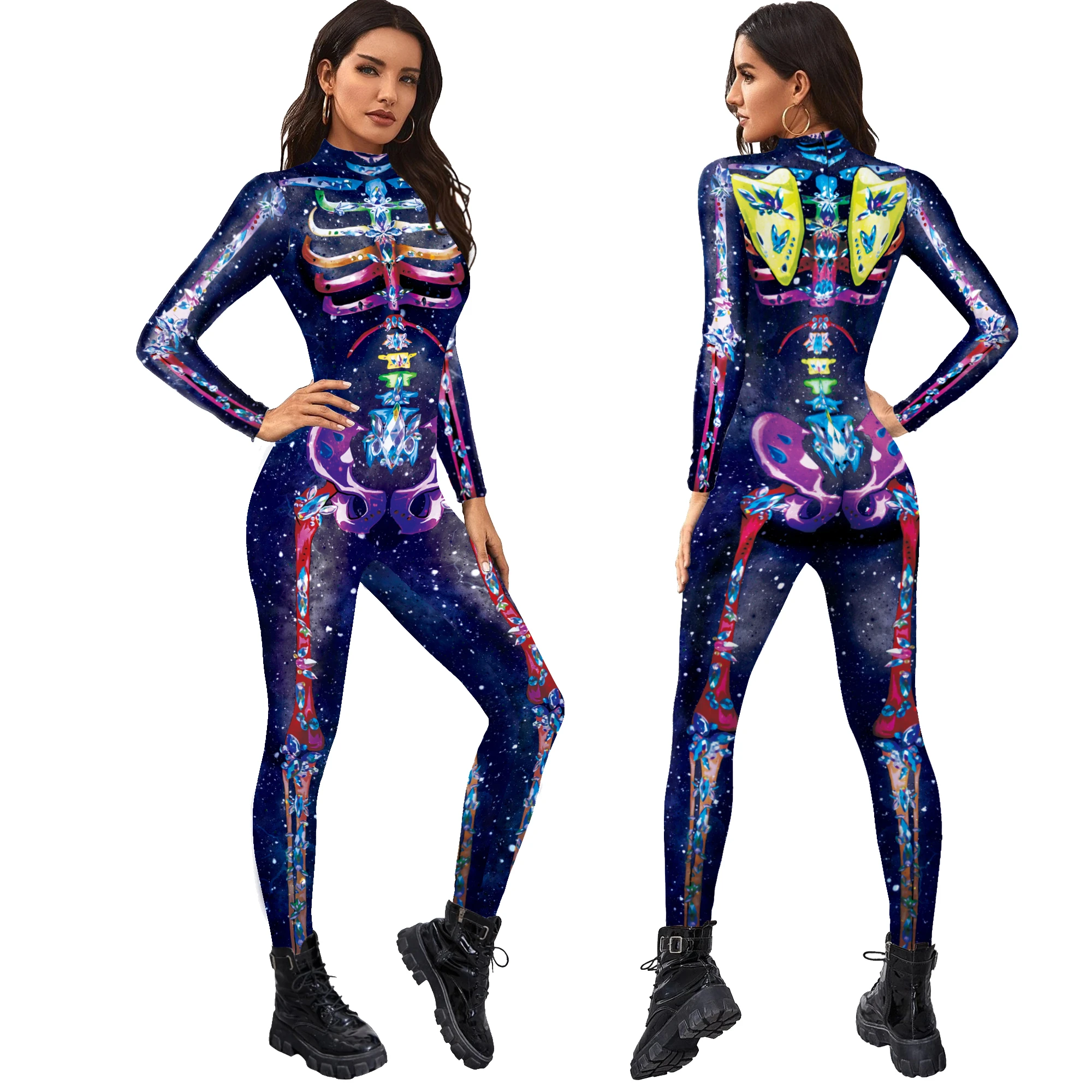 IOOTIANY Horror Lila Totenkopf-Druck Bodysuit Day of the Dead Halloween Feiertags-Spielset Erwachsenen-Jumpsuit Karneval Cosplay Zentai Kostüm – Detail 4
