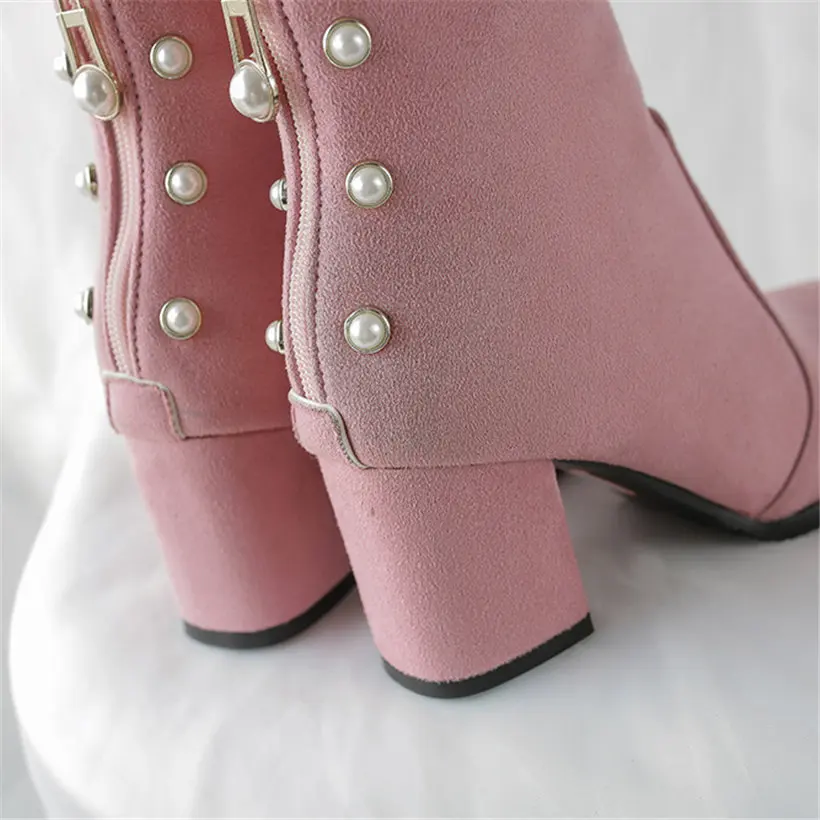 Big Size Winter Autumn Women Ankle Boots High Square Heels Pink Flock Stud Pearl Round Toe Casual Office Lady Zipper Short Boots