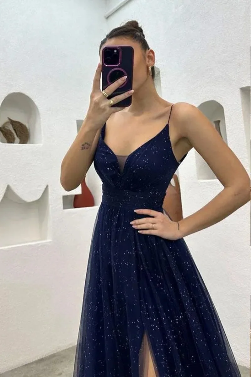 Custom Navy Blue Sequined Evening Dresses Sexy Backless A Line Spaghetti Straps Split Women occasion Party Prom Gowns Plus Size