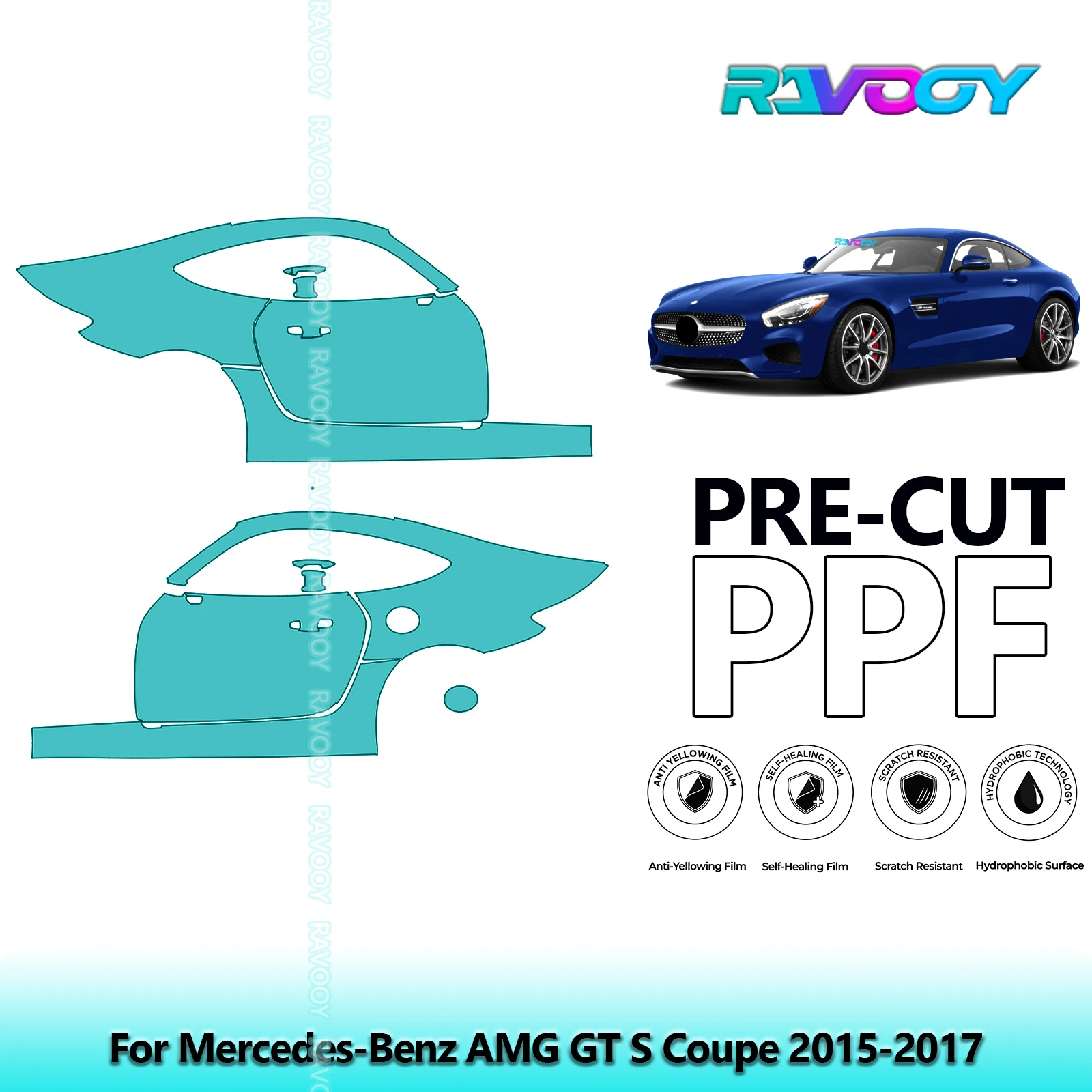 

For Mercedes-Benz AMG GT S Coupe 2015-2017 8.5mil Clear Matte Pre-Cut PPF Door & A/B Pillar Kit TPU Paint Protection Film Set
