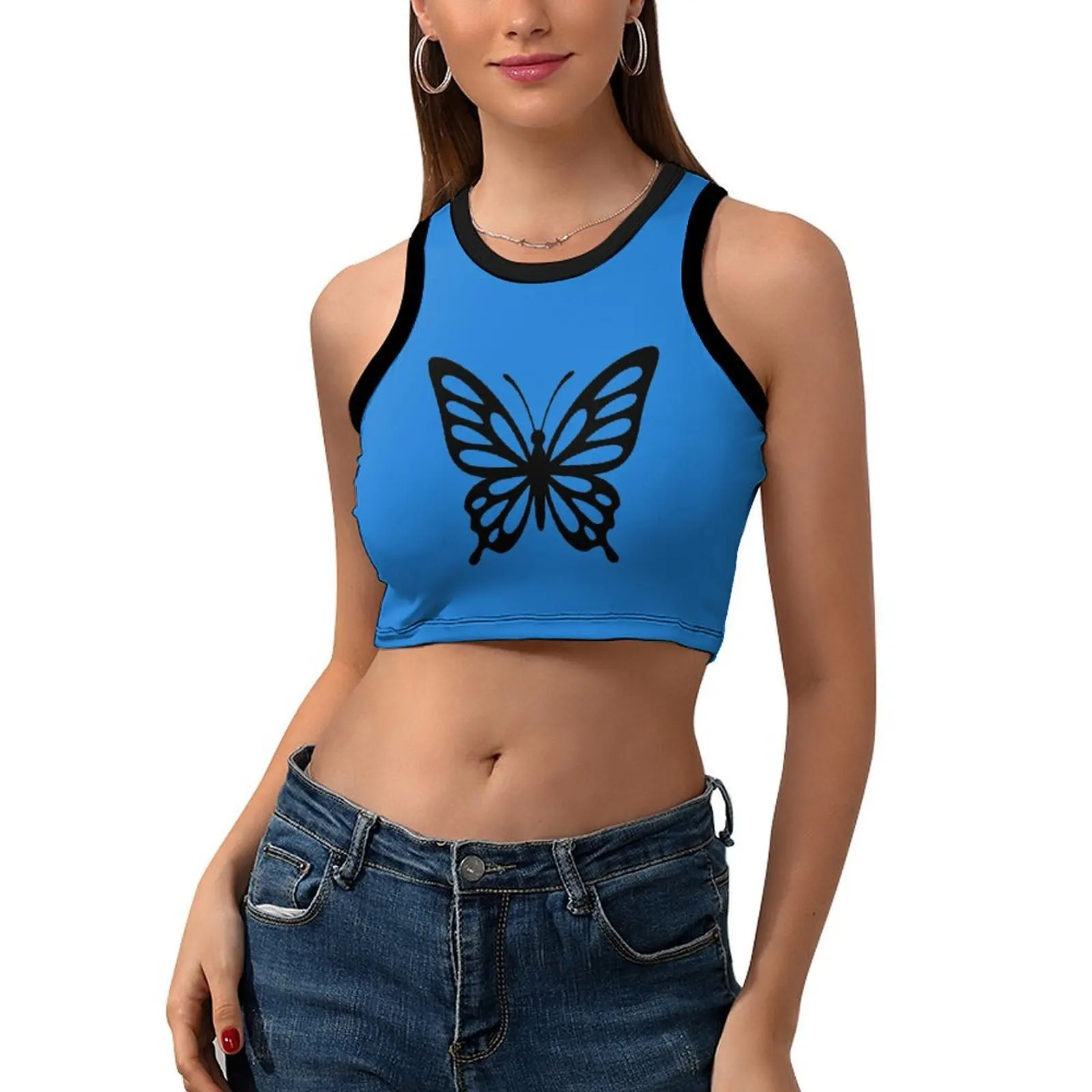 Gothic Black Butterfly Print Crop Tank Top for Women, Sleeveless Ringer Neck Cropped Cami for Alt Streetwear
