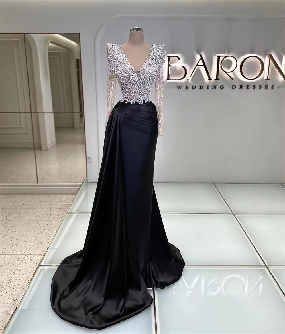 Black Long Sleeves Evening Dresses Mermaid Beaded Saudi Arabia Dubai Robe De Soiree Middle Eastern Prom Dress Gown Customized
