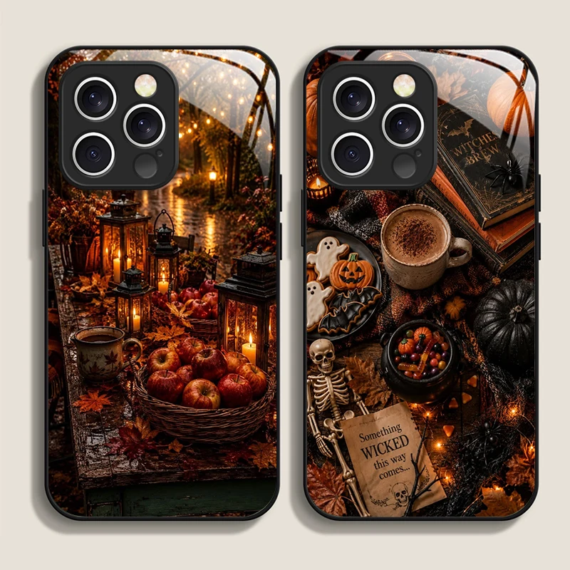 Coque de téléphone en verre trempé à motif de café, de feuilles d'automne et de cannelle de citrouille mignonne pour iPhone 18 17 16 Pro Max 15 13 12 11 14 Plus