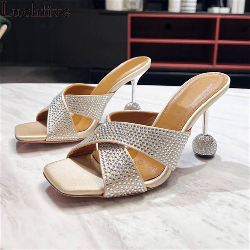 

Luxury Rhinestone Thin High Heel Slippers Women Square Open Toe Designer Brand Mules Ladies Summer Sexy Crysty Sandals Mujer