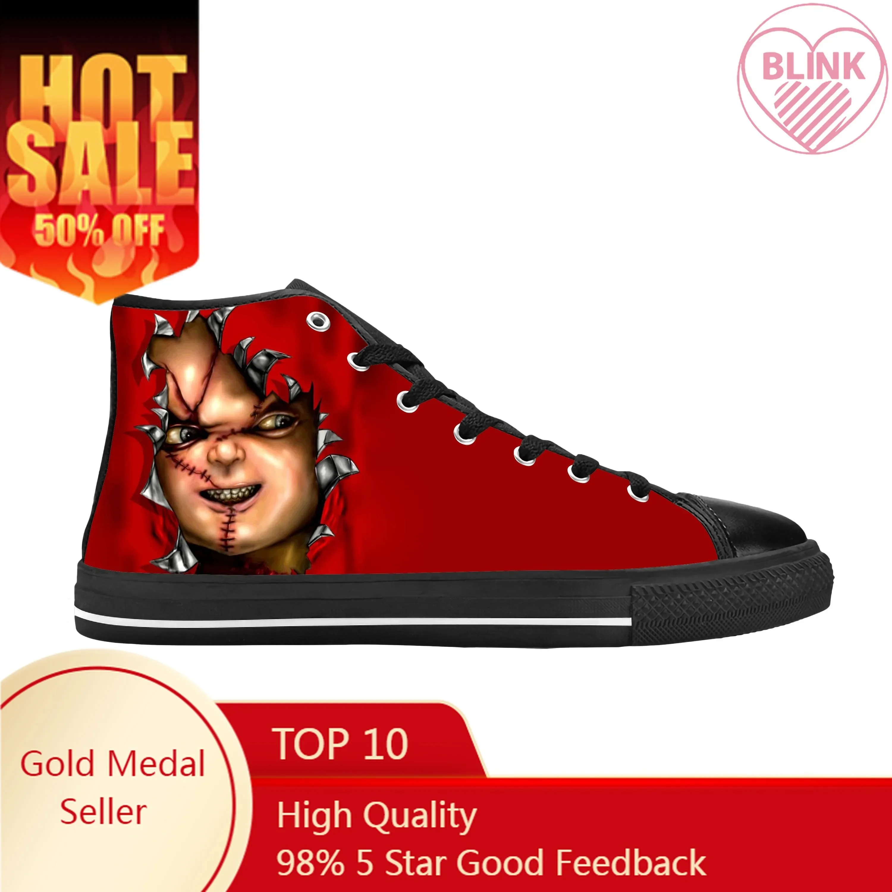 Chucky Halloween Gothic Casual Cloth Shoes para homens e mulheres, tênis de filmes de terror, sapatos respiráveis confortáveis, impressão 3D, brincadeira infantil