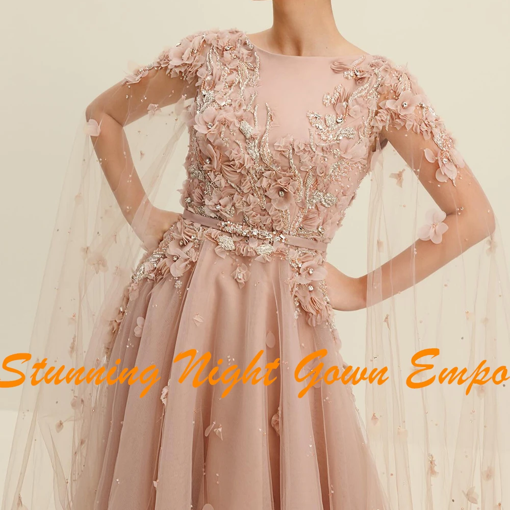 Customized Exquisite Watteau Train Pleats Belt Flowers Crystal Evening Dress Graceful Crew Neck A-Line Organza Pink Party Gown