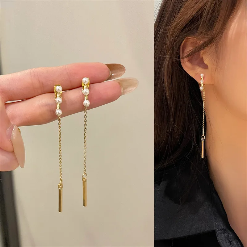 LATS 2022 Korean Elegant Cute Pearl Long Tassel Drop Earrings for Women Girls Fashion Metal Chain Boucle D\'oreille Jewelry Gifts