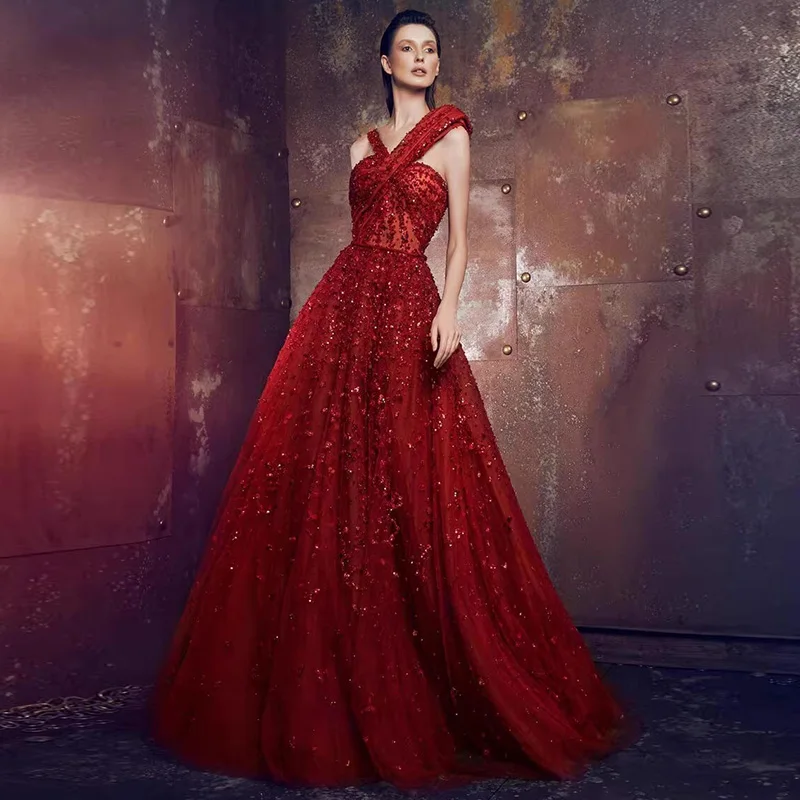 

L313 New Red One Shoulder Beaded A-line فساتين السهرة vestidos de fiesta فساتين سهره evening dresses