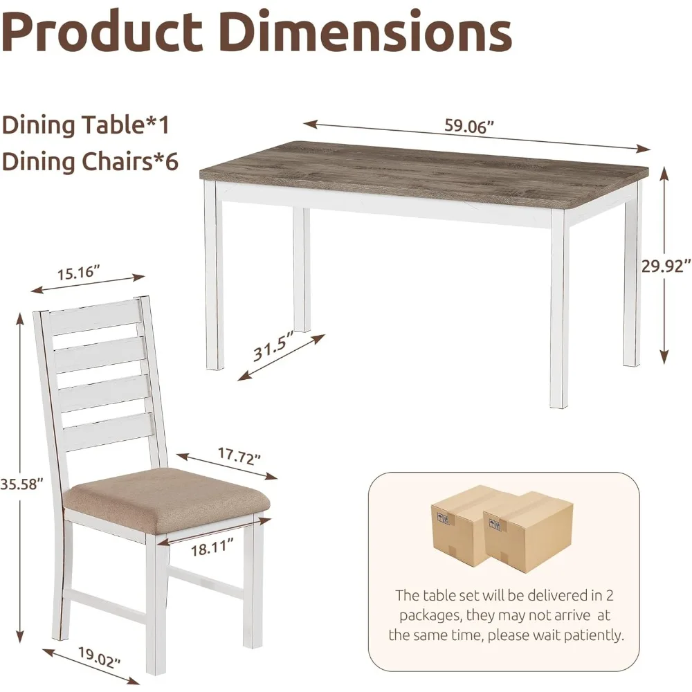 "farmhouse style rectangular solid wood dining table set for 6 with space-saving and stable design"