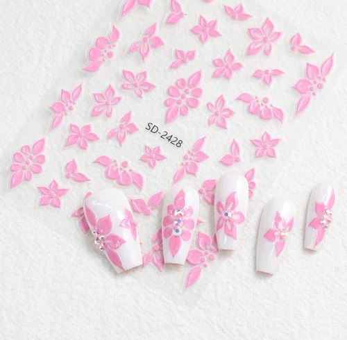 Imagen 2 del producto Calcomanías para decoración de uñas en relieve 5D, flores florales blancas, puntas francesas, deslizadores adhesivos, pegatinas para uñas, decoraciones para manicura