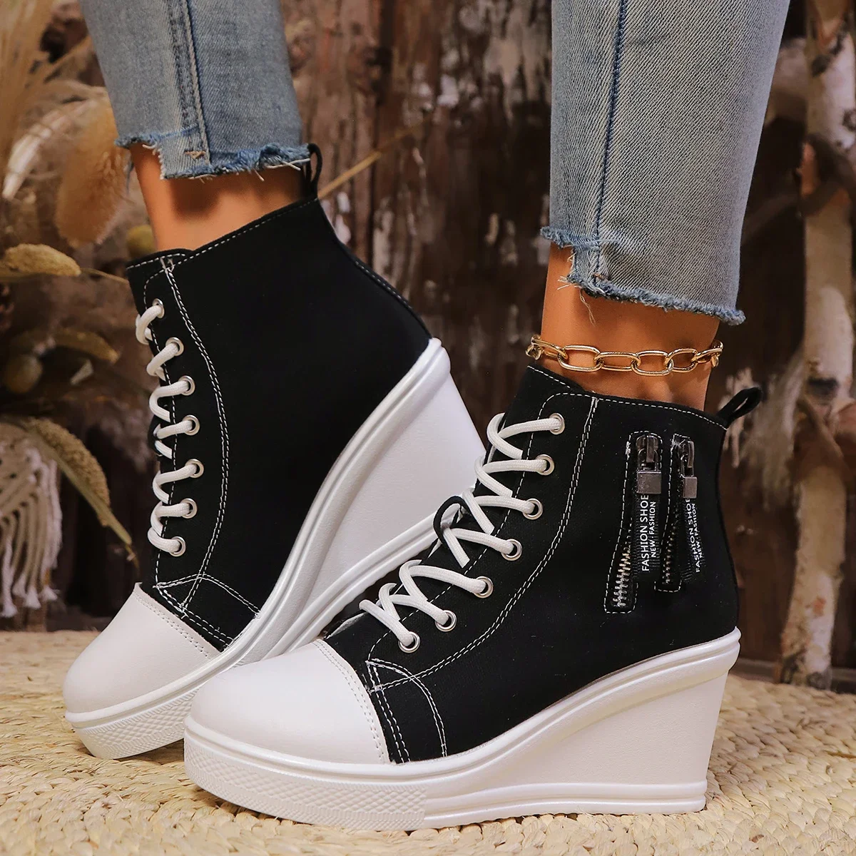 2024 New Women Lace-Up Platform Outdoor Wedge Invisible Heel Canvas Shoes Wedge Side Zipper Increased High Breathable Sneakers