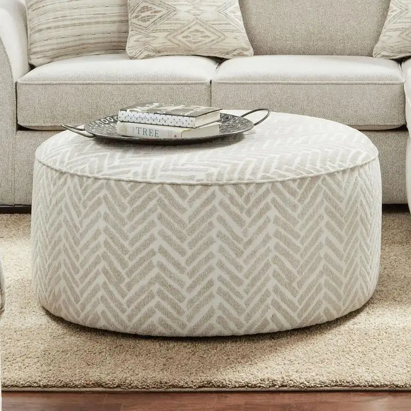 Transitional Style Round Upholstered Ottoman with Welt Trim, Solid Wood Frame, Multiple Finishes Available
