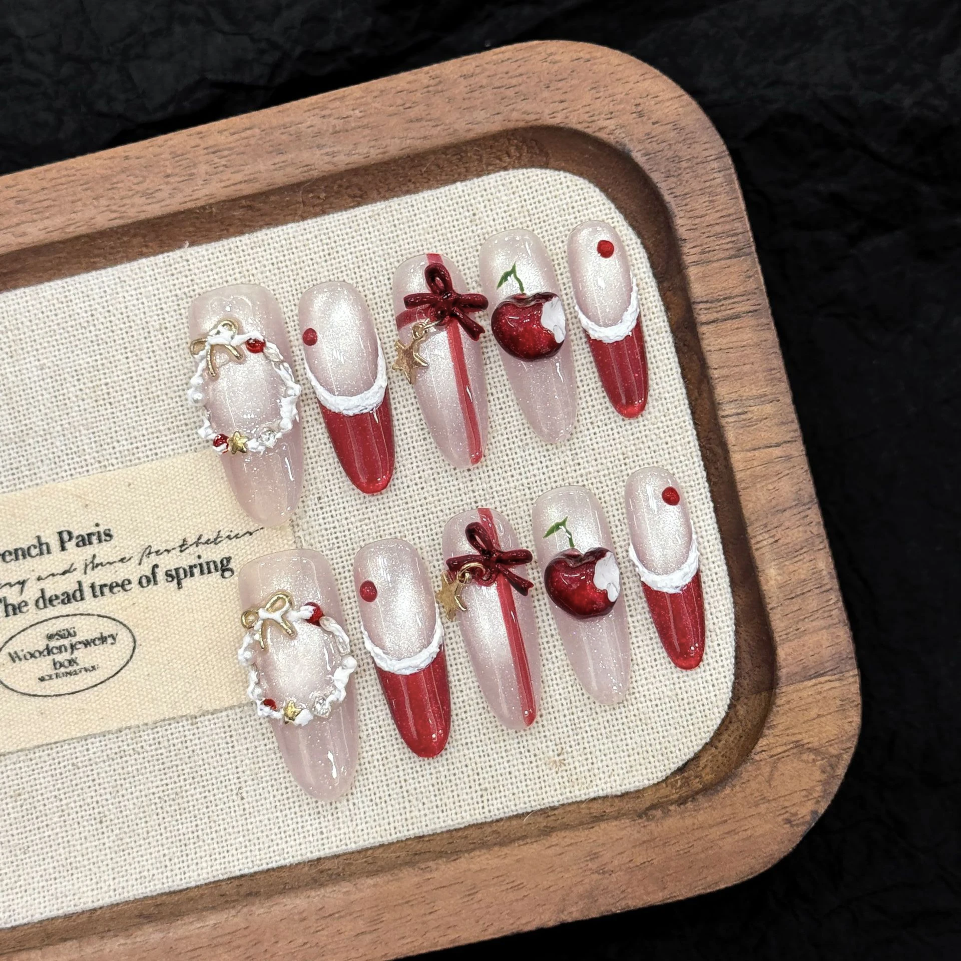 10Pcs Handmade French Christmas Long Fake Nails 3D Apple Decoration New Year Gift Press on nails Wearable Detachable Art Manicur