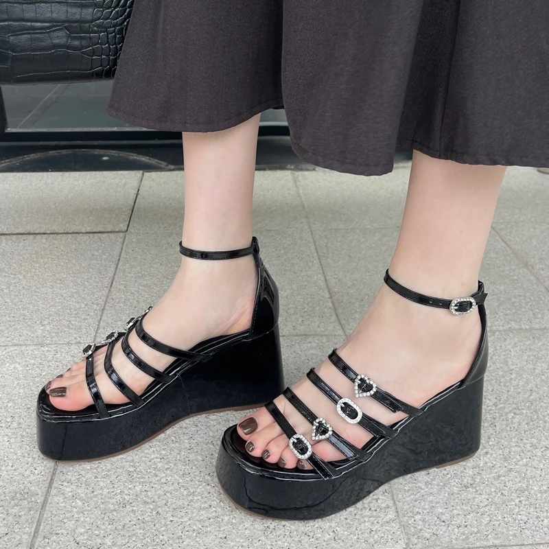 White Wedge Sandals  women Chunky Shoes Platform Heels Belt Rhinestone Buckle Gladiator Sandals Black Summer Wedges Sandaĺias