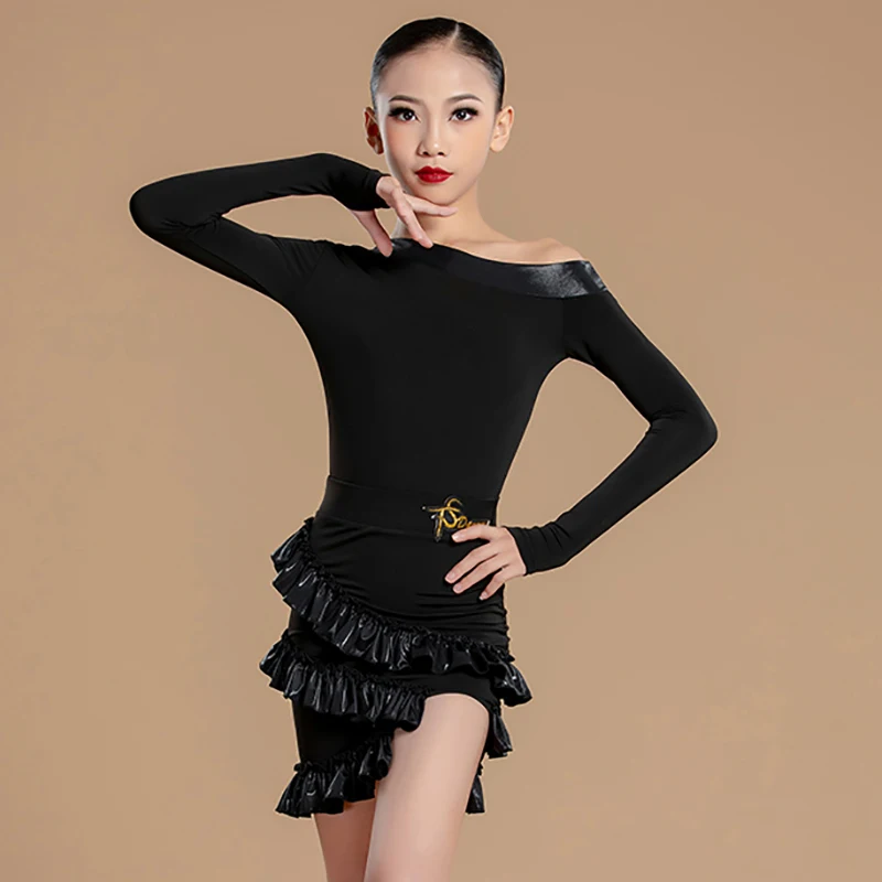 Black One Shoulder Long Sleeve Bodysuit and Ruffles Dance Skirts Kids Girls Waltz Latin Dancing Competition Costume Dancewear