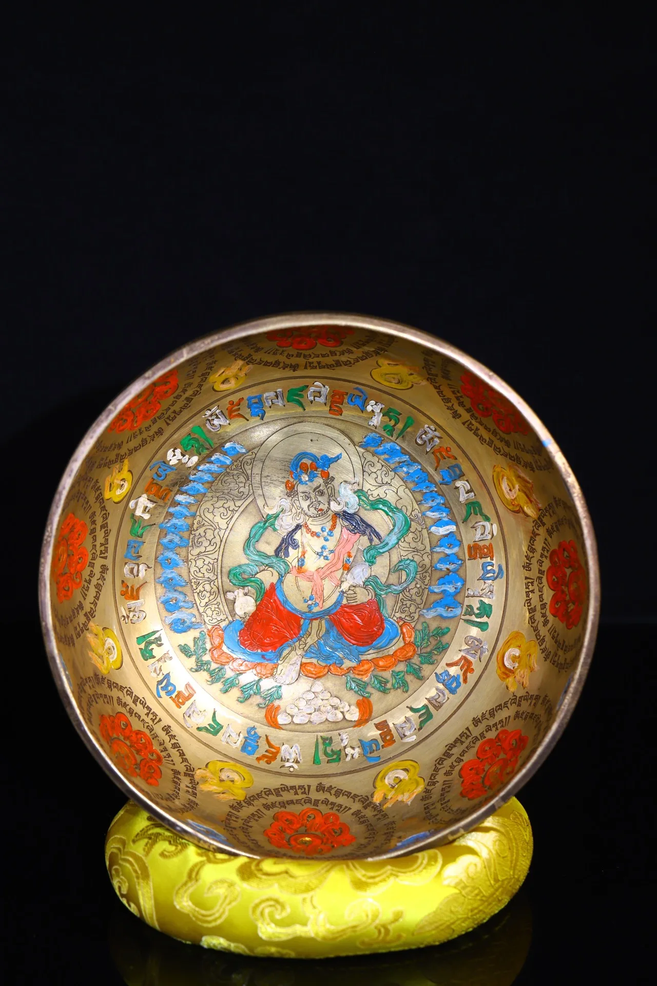 

8"Tibetan Temple Collection Old Bronze Gilt Painted Yellow Jambhala Buddha Sound Bowl prayer bowl Sanskrit Amulet Dharam