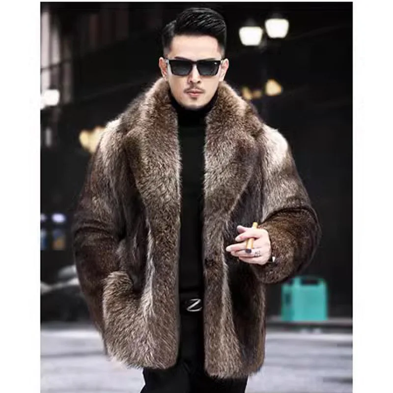 Men Autumn Winter Thick Maxi Faux Fox Fur Coat Jacket Long Sleeve Warm Luxury Fur Black Parkas Bontjas Furry Shaggy Outerwear