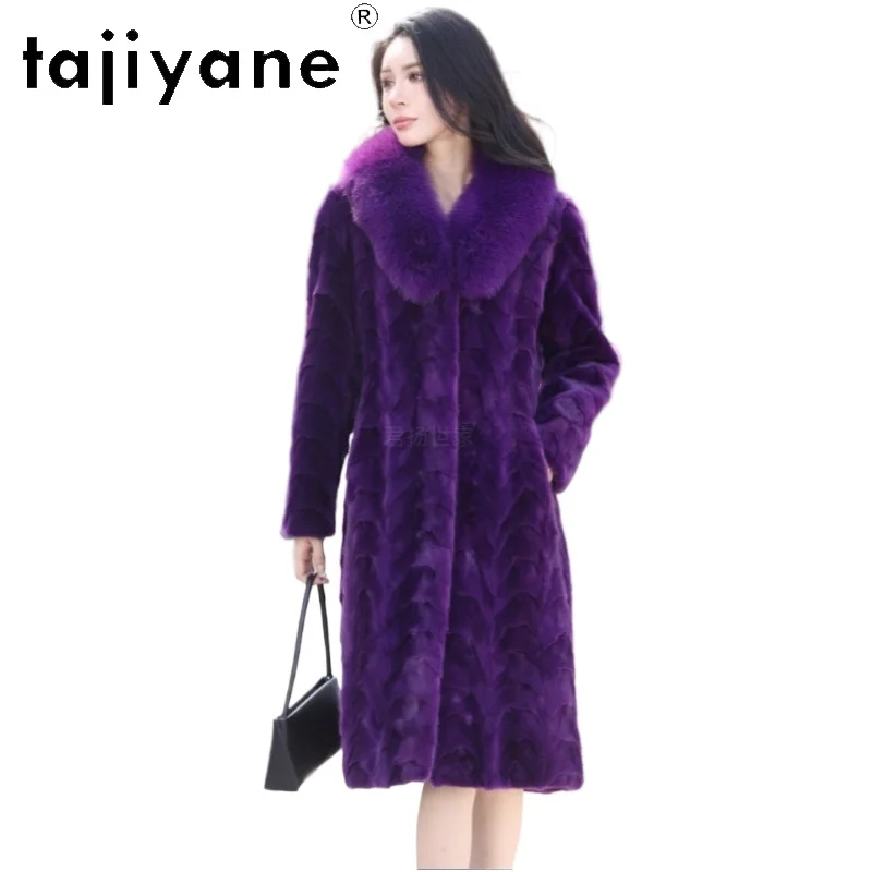 TAJIYANE Natural Pieced Mink Fur Jacket Woman Purple Long Real Mink Fur Coat with Fox Fur Collar Winter Women Clothing 2025 шуба