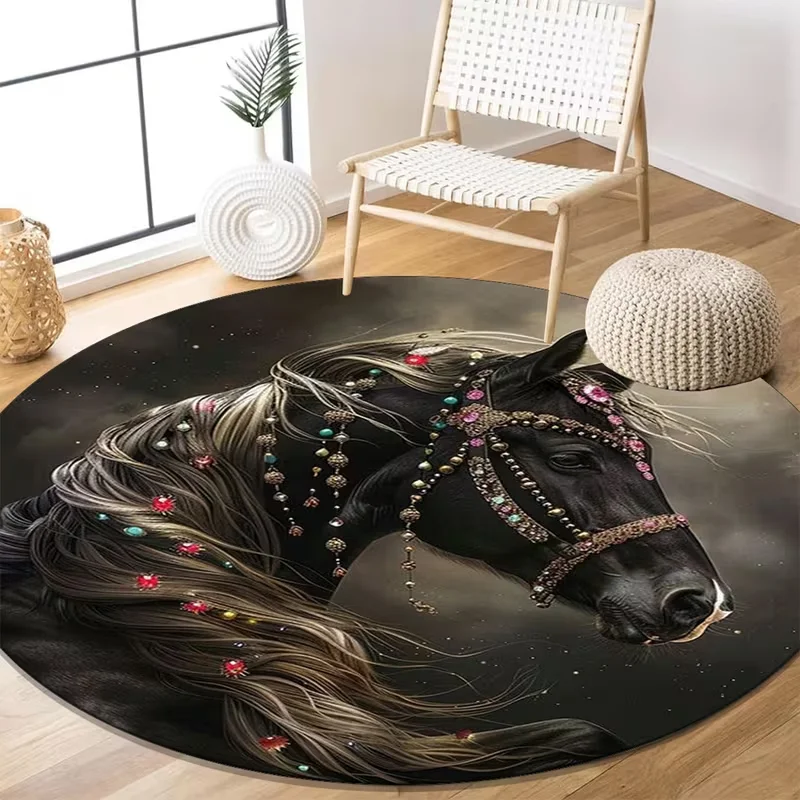 Round Vintage Black Horse Portrait Area Rug Elegant Decorative Steed Pattern Carpet For Living Room Bedroom