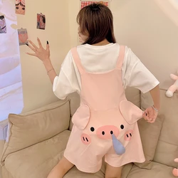 Funny Girls Pajamas Set Women Sleepwear Cartoon Cotton Overall Cartoon Pig Student Wear a 2 Piece set Home Clothing Women Piiama