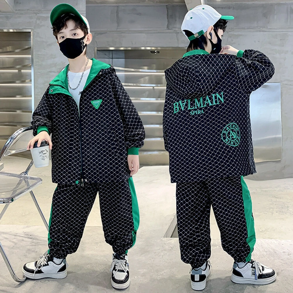 New Children Two Pieces Set Spring Fall Boys Fashion Zipper Hooded Printed Letter Full Sleeves Coats Spliced Ankle-Length Pants