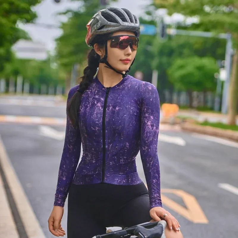 

Осенний новый женский велосипедный костюм с фиолетовой звездой и длинными рукавами, модное быстросохнущее снаряжение для шоссейного велосипеда мечты