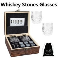 Whiskey Stones Glasses Set,Granite Ice Cube with Glass Cup for Whisky in Wooden Bottle Box,Present Fathers Day Gifts for Dad