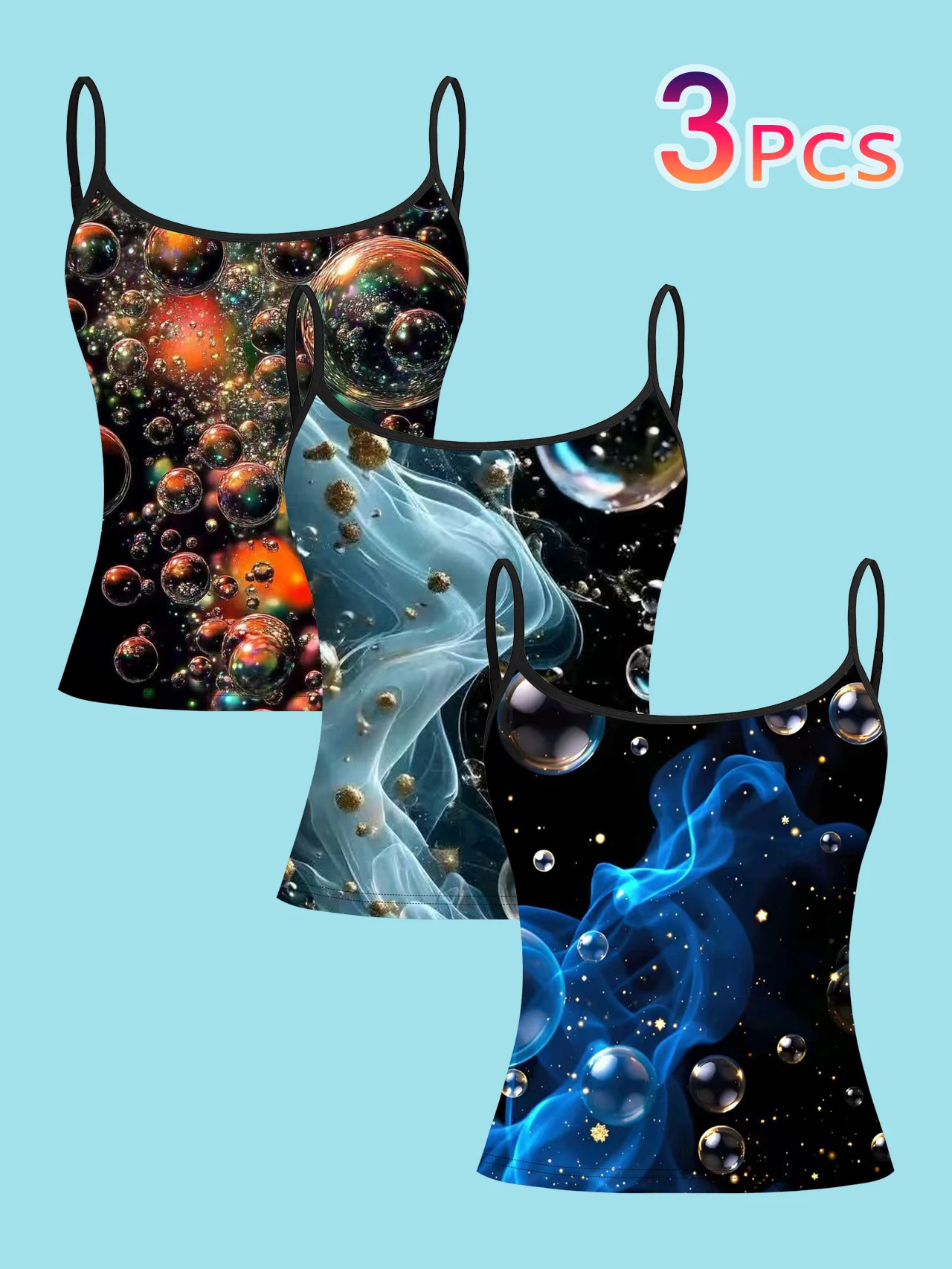 3-Piece Set of Bubble Smoke Gold Particle Print Thin Camisole Tops, Rainbow White and Blue Abstract Fantasy Style Slim Fit Sleeveless Tops, Y2K Cyber Fairy Style Inner and Outer Wear Base Layer Shirts