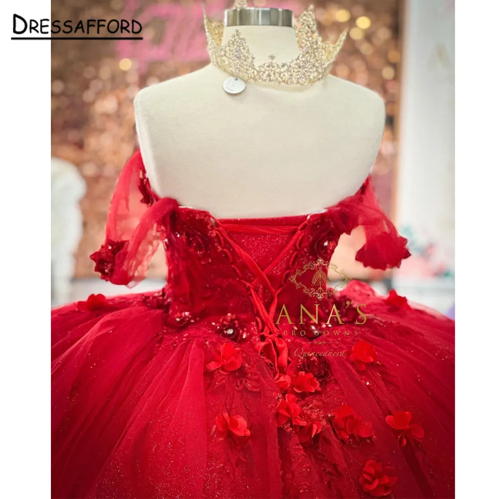 Vermelho fora do ombro do espartilho vestido de baile, vestidos princesa Quinceanera, apliques frisados, vestidos de baile, doce 16 15