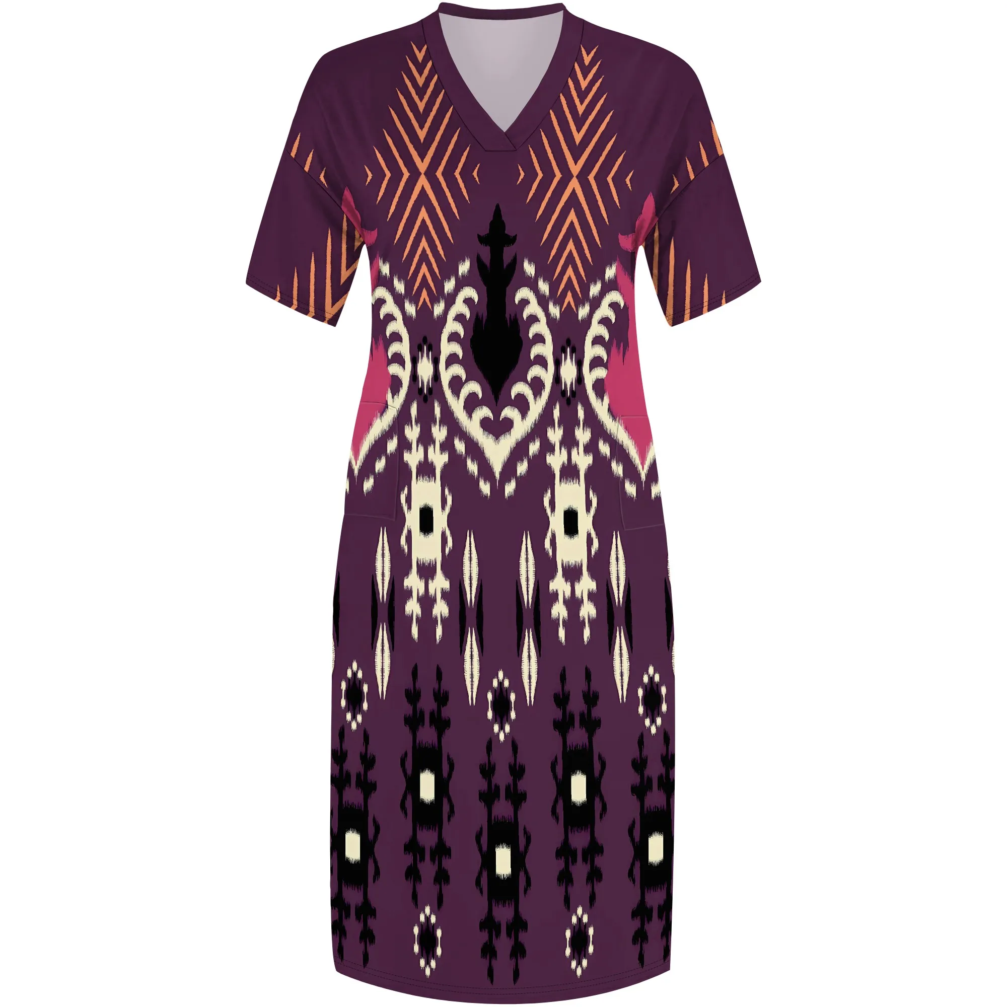 Nupusa 꽃 패턴 프린트 드레스 여성용 플러스 사이즈 여름 캐주얼 V 넥 짧은 소매 맥시 드레스 (포켓 포함)