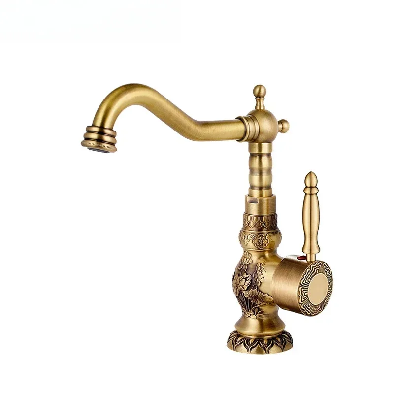 All-copper Light Luxury Antique Basin Faucet Bathroom Washbasin Heightened Splash-proof Hot and Cold Kitchen Faucet