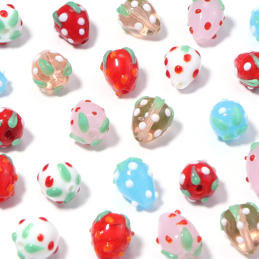 5 peças de contas de vidro em formato de morango de 12x15mm, contas soltas de vidro com formato de frutas fofas para fazer joias DIY, pulseiras, brincos, chaveiros e acessórios.