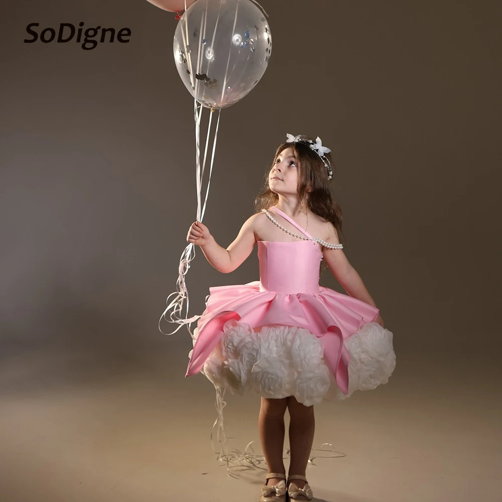 

SoDigne 3D Flower A-line Satin Short Flower Girl Dress Sleeveless 2026 Princess Girls Skirt Party Dresses Kid Gown Customized
