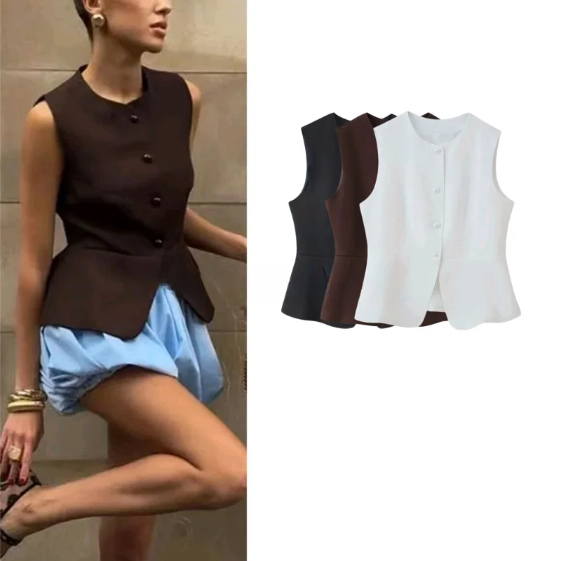 

Slim Fit round Ne Svel Suit Vest New Autumn Women's Faion Original Design Single Button Closure Color Polyester