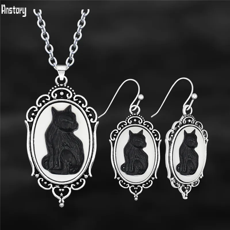 Vintage Oval Leopard Cameo Sets For Women Real Silver Plated Victoria Pendant Necklace Earring Cat Animal Fashion Jewelry