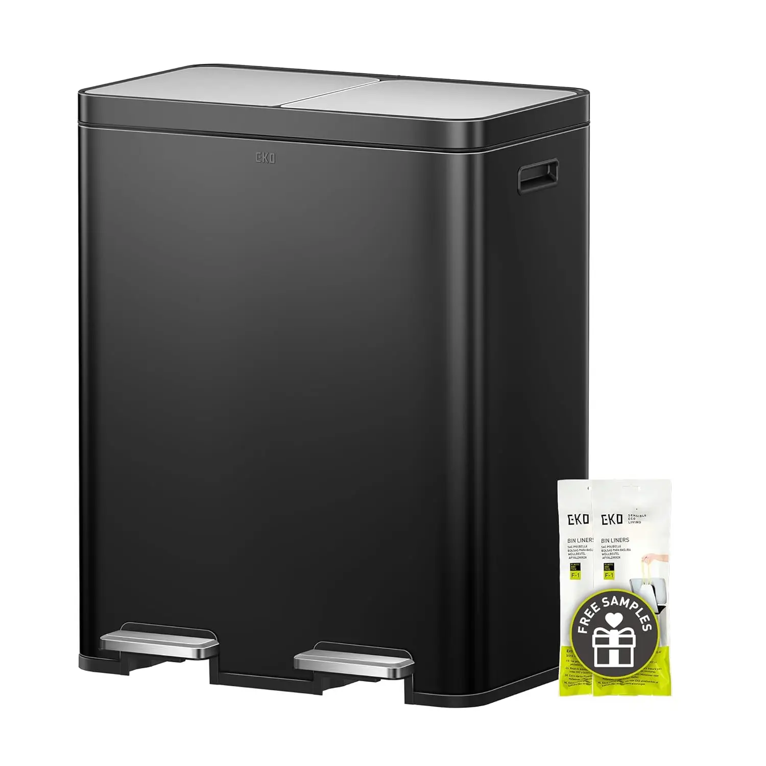 

Dual Compartment Stainless Steel Kitchen Trash Can with Removable Bins, Independent Lids and Pedals, Black