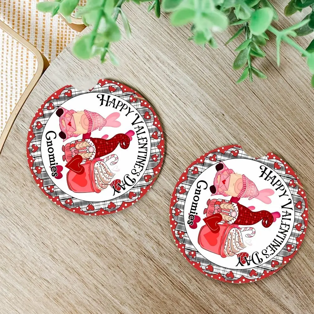 2pcs Valentine'S Day Acrylic Coasters, Waterproof Heat-Insulated Car Cup Mats, Pink Gnome Design, Durable, Scratch-Resistant view 5