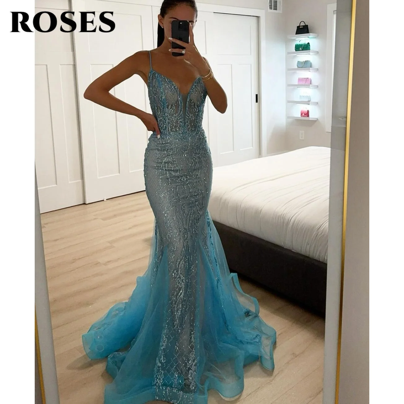 

ROSES Blue Elegant Prom Dresses V-Neck Spaghetti Straps Evening Party Dress Shiny Sequins Beads Prom Gown robe de bal Customized